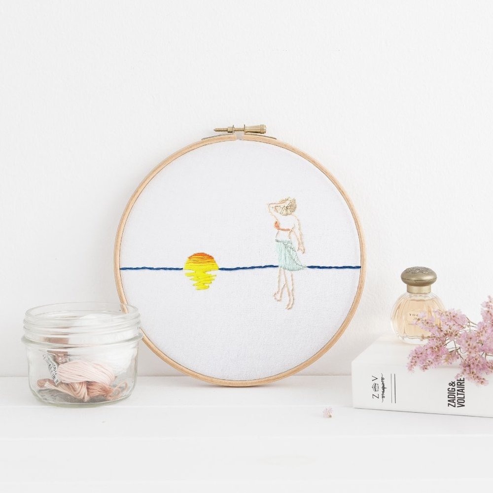 Women on the Beach Line Art - Finished Completed Embroidery‎ Hoop Art - Ready to